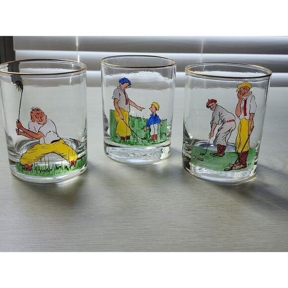 GLASSES-OLD FASHION-Cartoon Golfers-Gold Rim-Set of 3-SIGNED BY ARTIST - Picture 11 of 13